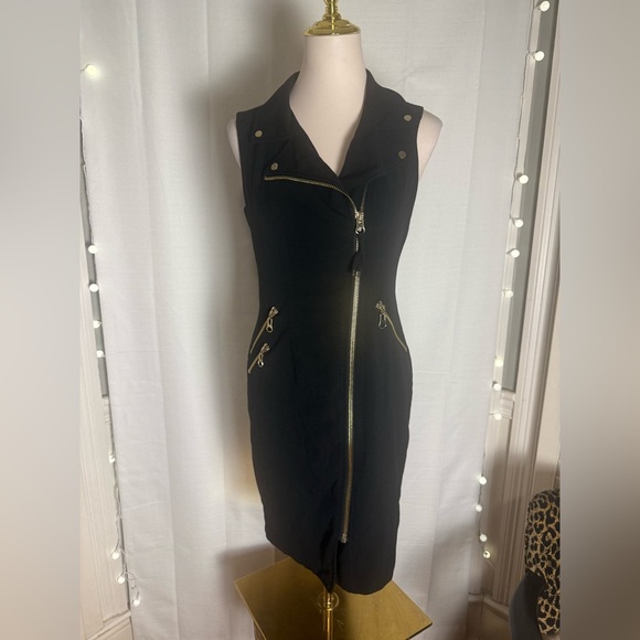 Calvin Klein Black Sleeveless Moto Dress Gold Zipper Size 2 - Picture 1 of 8